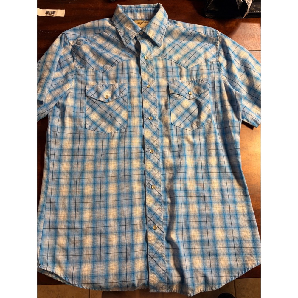 Wrangler Mens Blue Plaid Short Sleeve Western Snap Shirt WM200BL Medium